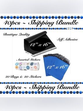 40ct Shipping Package ~ 10-Black & 10 Blue 12”x16” Poly Mailers ~ 25-TY Stickers